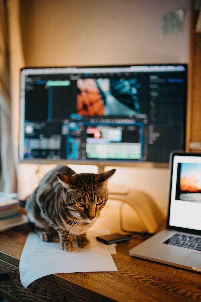 A cute tabby cat sits on a wooden table next to a laptop in a modern home office.