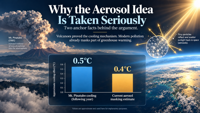 The One-Percent Climate Fix Nobody Wants to Talk About “Why the Aerosol Idea Is Taken Seriously”
split visual with Mount Pinatubo eruption on one side, aerosol particle scattering on the other, and a simple chart showing Pinatubo cooling vs current aerosol masking estimate.
