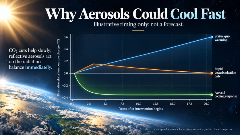 “Why Aerosols Could Cool Fast”
 timing graph comparing three curves: status quo warming, rapid decarbonization alone, and aerosol cooling response, showing that aerosol cooling acts quickly while CO₂ cuts help more slowly.]