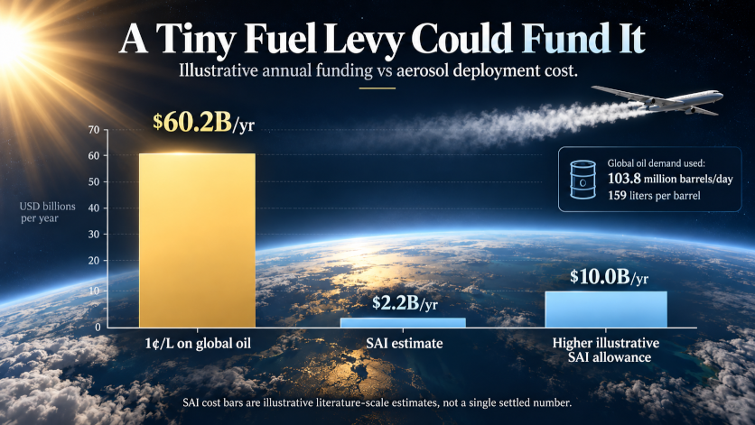 The One-Percent Climate Fix Nobody Wants to Talk About “A Tiny Fuel Levy Could Fund It”
bar chart comparing 1¢/L on global oil vs estimated annual aerosol deployment cost, with a note that the aerosol cost remains uncertain but is far below the levy total.